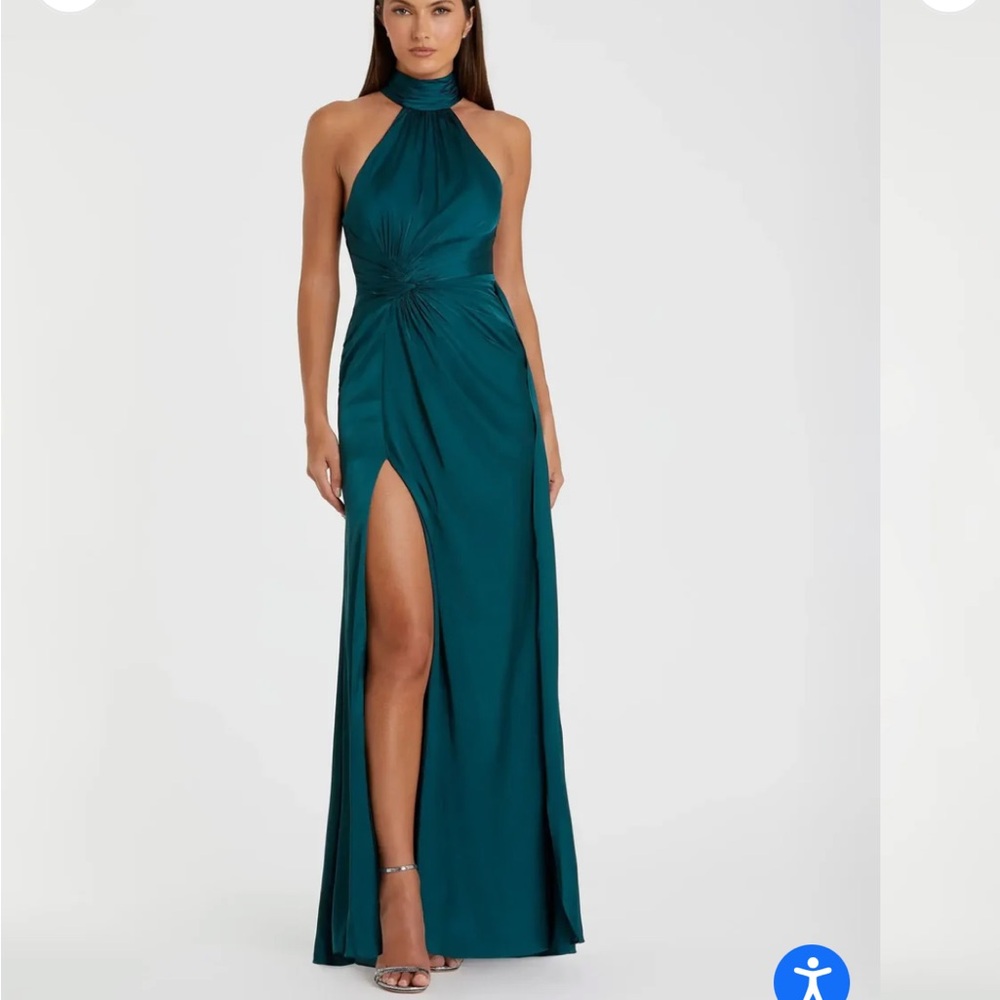 IEENA FOR MAC DUGGAL
Teal Sleeveless Open Back Satin Gown